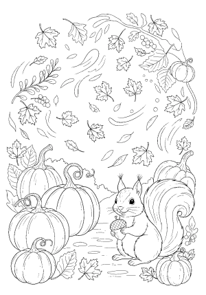 A detailed illustration of a cozy autumn scene with falling leaves, pumpkins, and a cute squirrel holding an acorn.