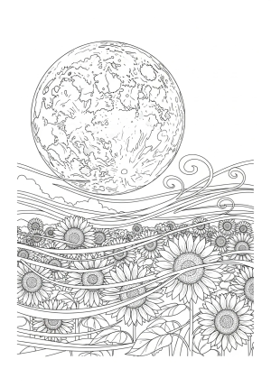 An intricate depiction of a harvest moon shining over a field of blooming sunflowers and swirling wind patterns.