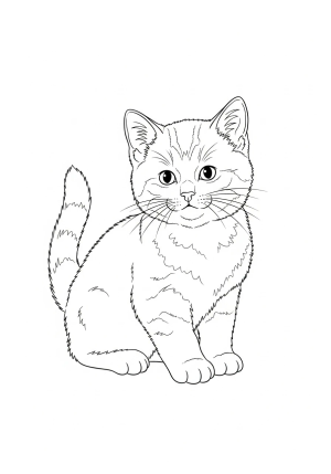 A playful kitten sitting with its tail curled around its paws, with a detailed shadow outline highlighting its fur and posture