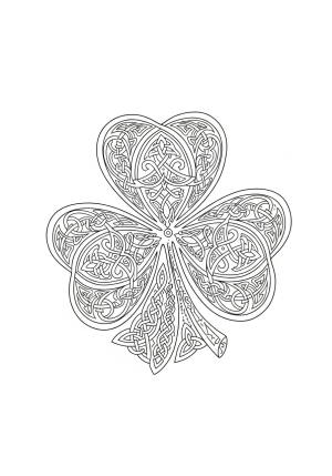 A detailed illustration of a shamrock surrounded by intricate Celtic knot patterns and decorative elements.
