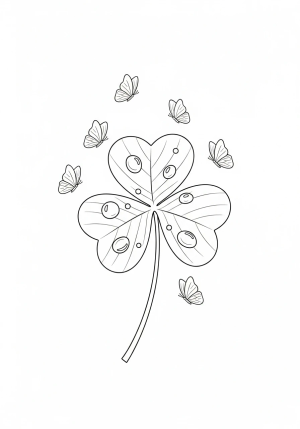 A whimsical scene featuring a single large shamrock with sparkling dew drops and playful butterflies fluttering around it.