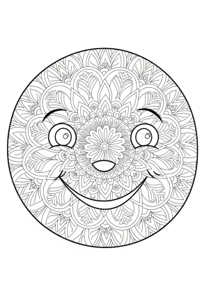 A large, friendly-looking circle with a smiling face and decorative patterns inside