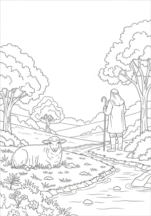 A peaceful sheep resting in a lush meadow with a shepherd standing nearby, surrounded by trees and a gentle stream