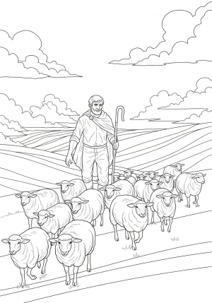 A shepherd guiding a flock of sheep across rolling hills under a bright sky with fluffy clouds