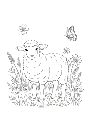 A cute fluffy sheep standing in a peaceful meadow with some flowers and a butterfly.