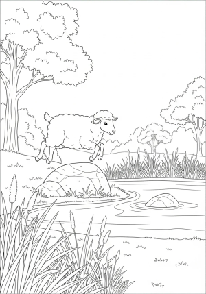 A playful sheep jumping over a small rock near a pond surrounded by trees and tall grass.
