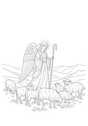 A peaceful angel shepherd watching over a flock of sheep in a pastoral landscape with flowing robes and softly glowing wings.