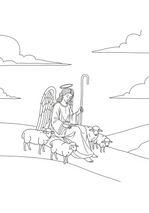 An angel shepherd sitting on a hill, gently guiding a group of sheep, with a serene sky and classical robes in a detailed, whimsical style.