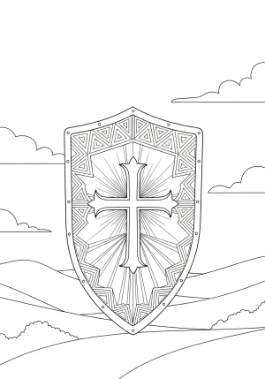 A majestic shield adorned with intricate patterns and a radiant cross at the center, standing tall amidst a peaceful landscape.