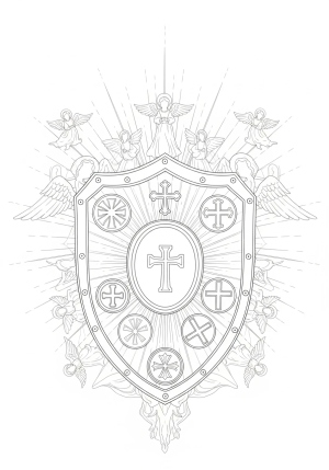 A strong, ornate shield featuring symbols of faith and protection, surrounded by angelic figures and uplifting rays of light.