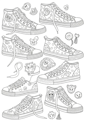 A whimsical scene featuring a collection of vintage sneakers with decorative laces and playful accents