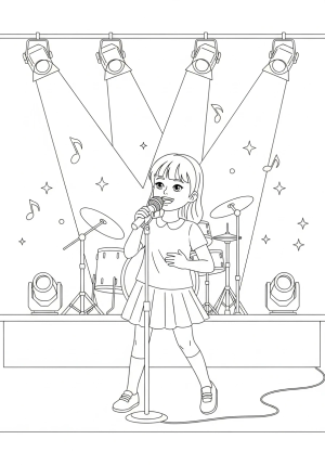 A young girl with a microphone passionately singing on a stage adorned with spotlights and musical instruments