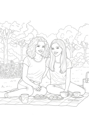 Two sisters sitting on a picnic blanket in a park, smiling and sharing a moment together, with trees and flowers in the background