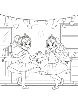 Two sisters playing dress-up with tiaras and scarves, twirling happily in a whimsical room decorated with stars and hearts