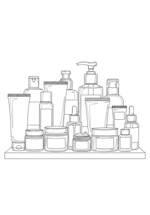 A detailed illustration of various skincare products like lotions, serums, and cleansers arranged neatly on a vanity shelf.