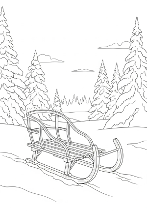 A cozy wooden sled resting on a snowy landscape with pine trees in the background