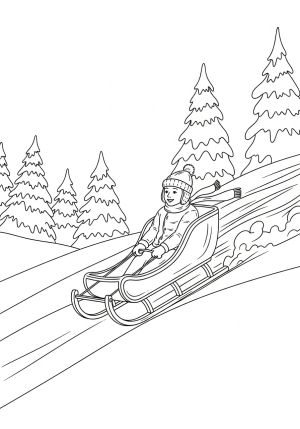 A vintage-style sled racing down a hill surrounded by snow-covered trees and cheerful winter scenery