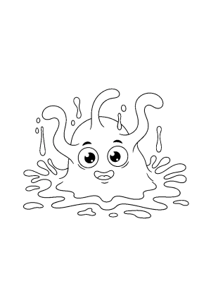 A playful slime blob with wiggly arms and big googly eyes surrounded by splatters and drips.