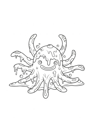 A fun slime creature with multiple tentacle-like appendages stretching out in different directions, with bubbles and gooey textures around it.