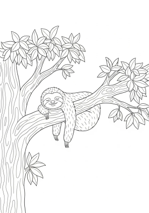 A relaxed sloth hanging from a large tree branch with lush leaves and intricate bark details.