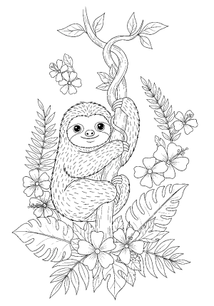 A cute sloth clinging to a vine with tropical flowers and detailed foliage surrounding it.