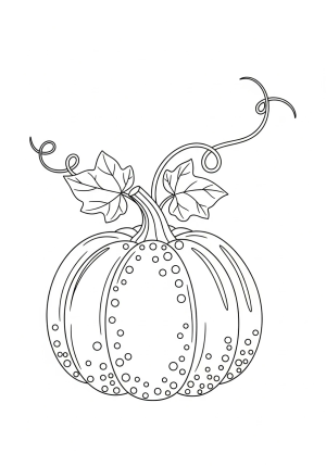 A cute, round pumpkin with a dotted pattern and a curled vine extending from its stem, set against a simple outdoor background.