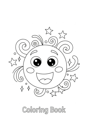 A cheerful smiling face with big round eyes and a wide open mouth, surrounded by playful swirls and stars