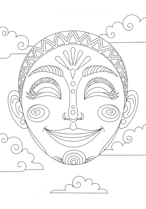 A friendly smiling face with closed eyes and a gentle grin, adorned with simple decorative patterns and clouds