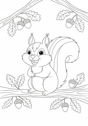A cheerful squirrel with a wide smile sitting on a tree branch, surrounded by leaves and acorns