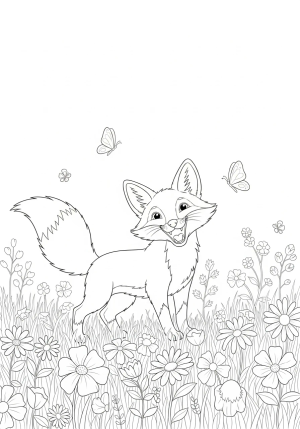A joyful fox with a big grin playing in a meadow filled with flowers and butterflies