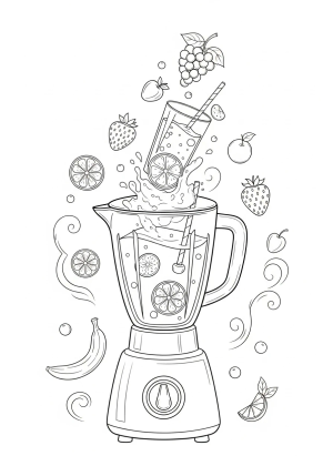 A whimsical scene of a blender with swirling smoothies and floating fruit ingredients, set against a background of scattered fruit motifs and decorative swirls