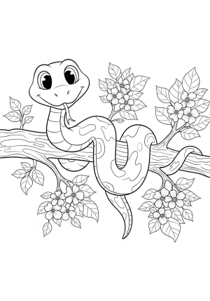 A friendly cartoon-style snake slithering around a tree branch surrounded by leaves and flowers, with expressive eyes and a curved body.