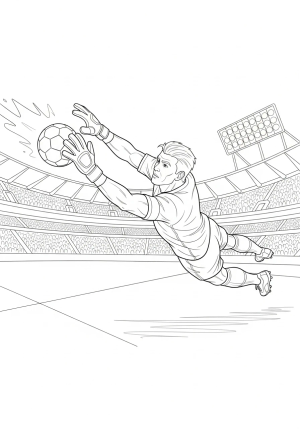 An exciting moment of a goalkeeper diving to save a shot on goal, with a cheering crowd and stadium in the distance as a backdrop.