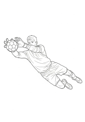 A dynamic scene of a soccer goalkeeper diving to save a powerful shot on goal, with gloves and jersey detailed mid-action