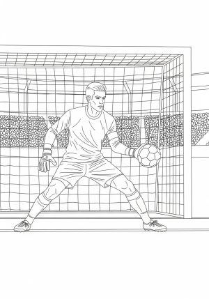 A focused soccer goalkeeper standing on the goal line, ready to catch a ball, with a goal net and stadium background