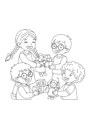 A group of children sharing toys and laughing together, demonstrating friendship and cooperation.