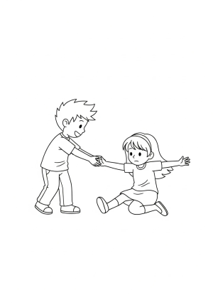 A child offering a helping hand to a peer who has fallen, showcasing kindness and empathy.