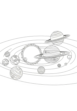 A detailed illustration of the planets in the solar system arranged in their orbits around the Sun, with each planet showing unique features and textures