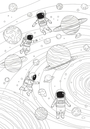 A whimsical depiction of astronauts exploring a stylized solar system with planets, moons, and asteroids floating in space with intricate line work
