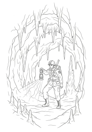 A brave soldier cautiously exploring an ancient cave with stalactites and stalagmites surrounding him, holding a lantern to light the way