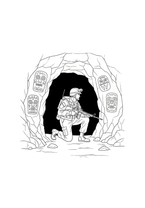 A soldier kneeling inside a dark cave entrance, examining mysterious carvings on the rocky walls with a cautious expression