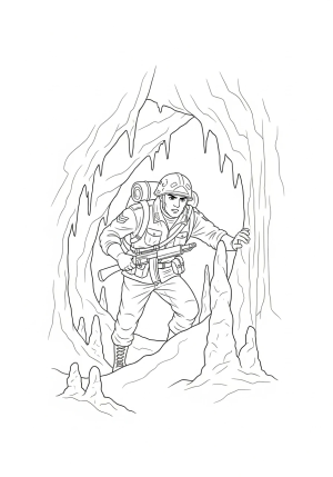 A brave soldier in a rugged uniform exploring the dark interior of a mysterious cave with stalactites and stalagmites surrounding him