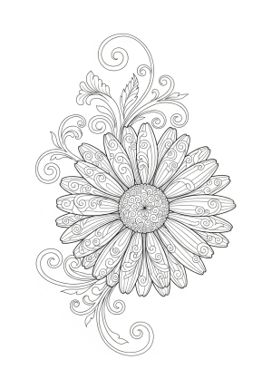 An intricate daisy with swirling patterns and flowing vines that evoke a sense of inner peace and serenity.
