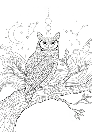 A majestic owl perched on a tree branch, surrounded by celestial symbols and gentle waves that symbolize wisdom and spiritual connection.