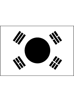 A detailed outline of the South Korea flag featuring the Taegeuk symbol and four trigrams in a clean and simple style