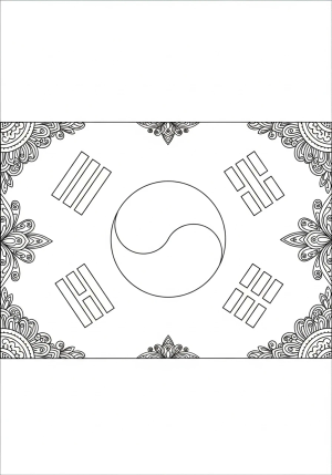 An artistic depiction of the South Korea flag with the Taegeuk symbol and traditional trigrams surrounded by decorative patterns