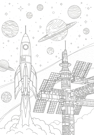 A detailed scene of a rocketship launching from a space station with planets and stars in the background.