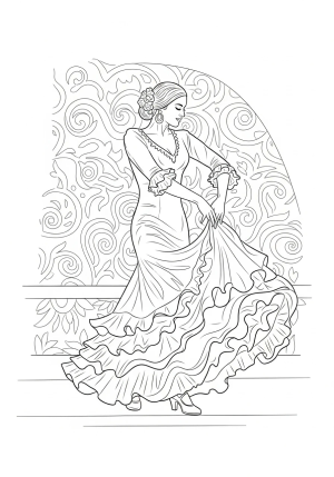 A detailed scene of a flamenco dancer in a flowing dress performing on stage with intricate patterns in the background.