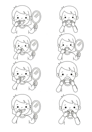 A set of playful, simple illustrations showing tongue placement exercises for speech practice, featuring a smiling child and a mirror.