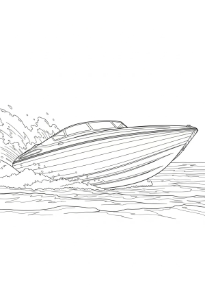 A sleek speed boat racing across the waves with spray and foam in the background, featuring a streamlined shape and detailed hull design